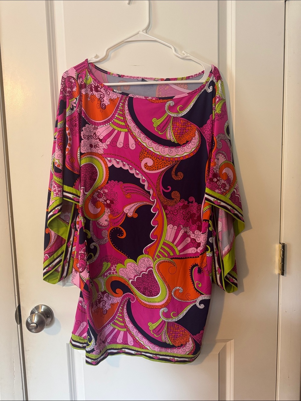 Trina Turk FRENCH RIVIERA Tunic Swim Cover Kaftan Dress LG Paisley Pink‎ navy